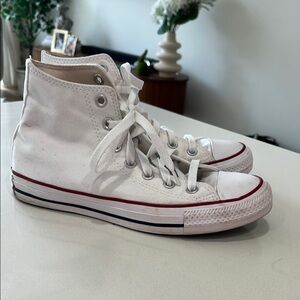 White High-Top Sneakers with Red and Black Accents